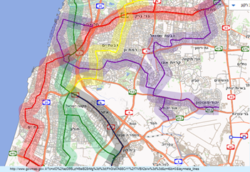 מפה אזורי הסיכון מקווי הרכבת הקלה באזור המרכז